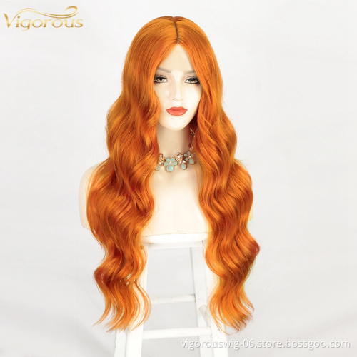 Vigorous Orange High Temperature Fiber Middle Deep Wave Hair Wigs Synthetic Lace Front Wig For Women Middle Part